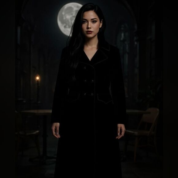 Vintage Gothic Style Velvet Velour Women's Black Trench Coat Size S - Picture 2 of 15